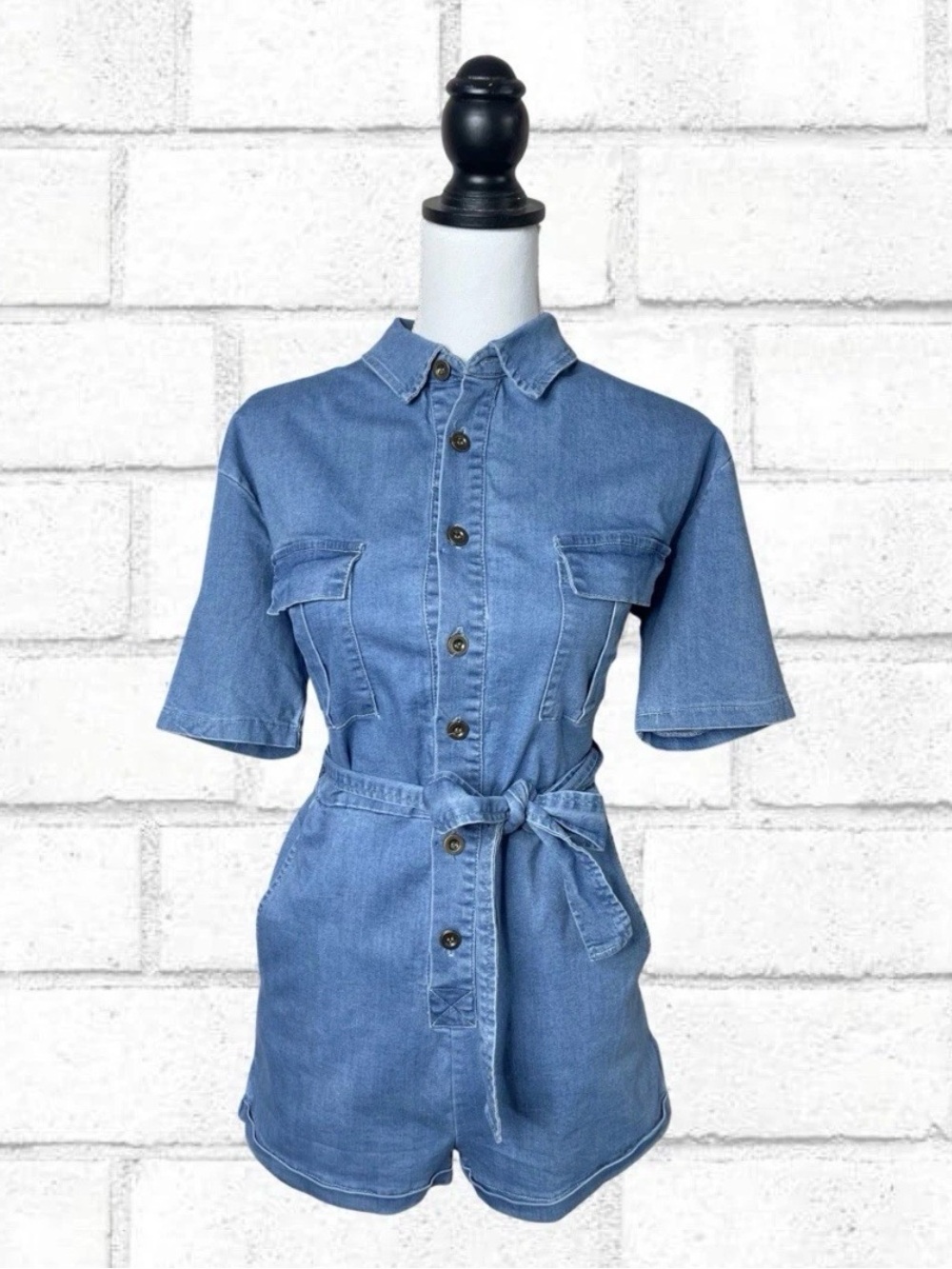 Fashion Nova Light Blue Denim Tie-Waist Romper